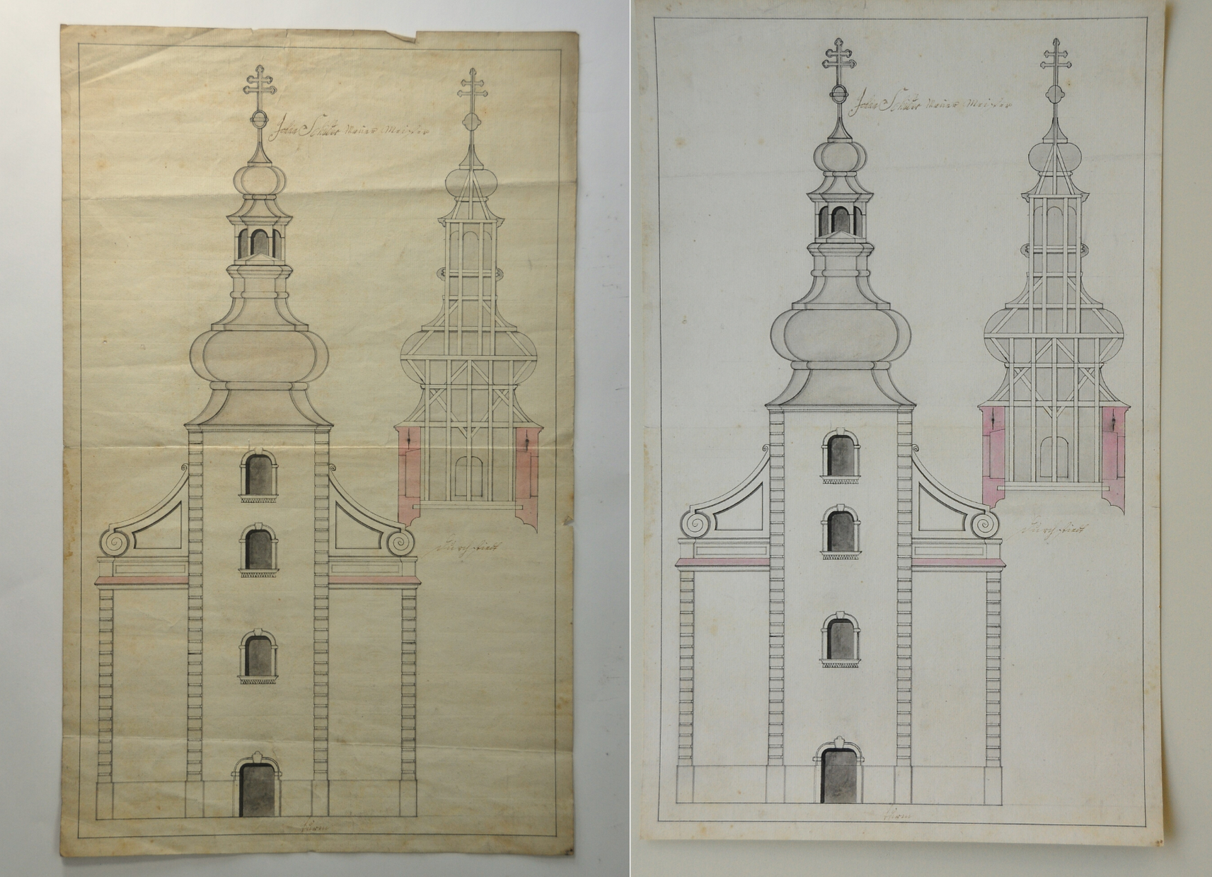 Plan wieży kościoła, zestawienie przed i po konserwacji.
