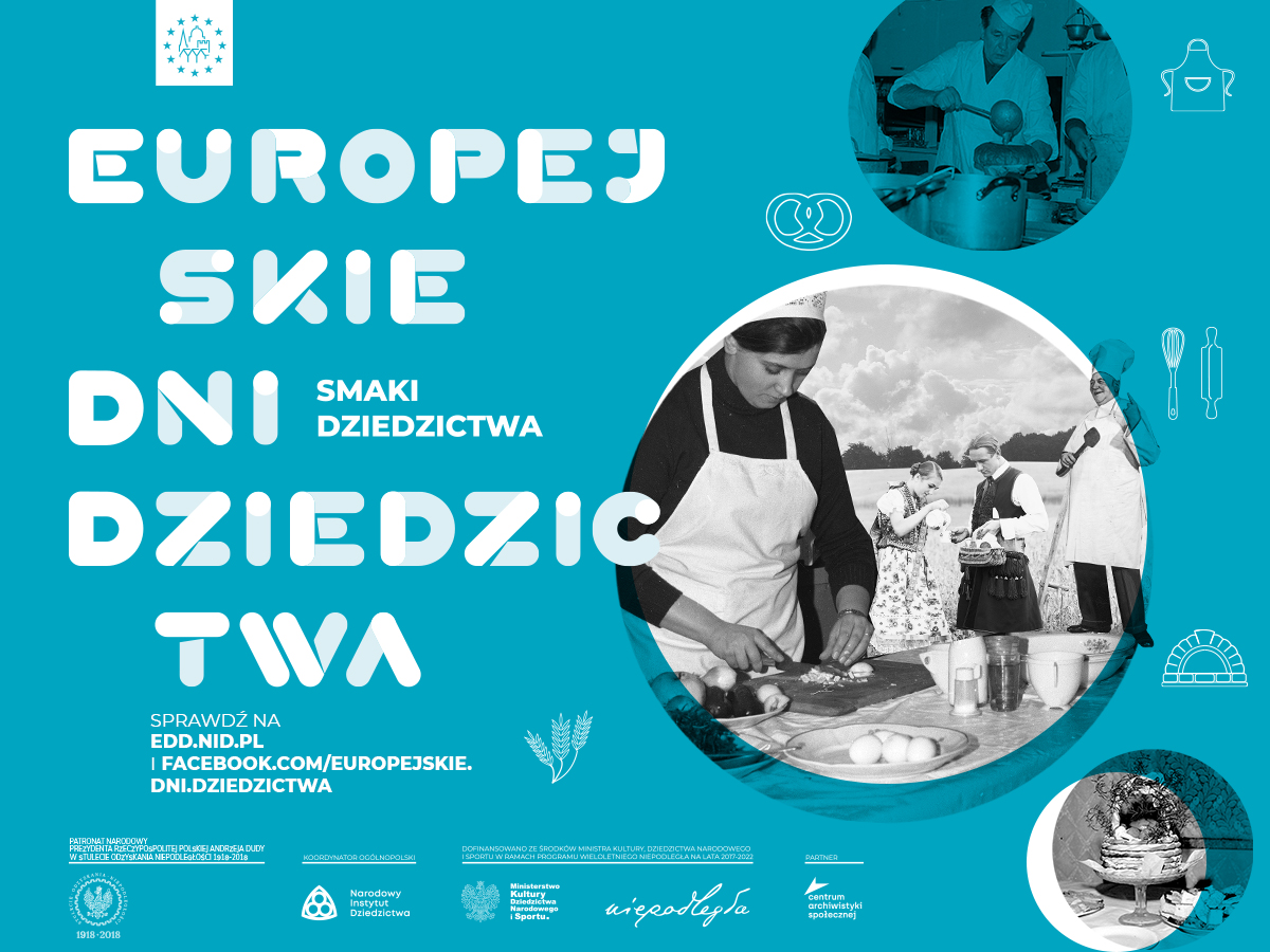 Plakat Europejskich Dni Dziedzictwa z kolażem ze zdjęć kucharki, kucharz i pary ubranej w tradycyjne ludowe stroje. 