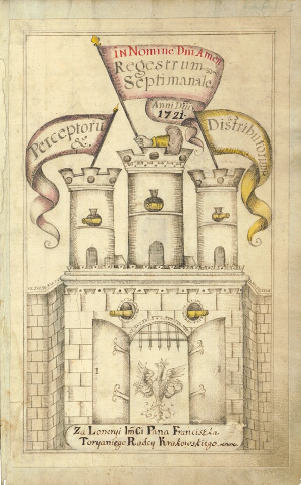 Herb anszkicowany na karcie tytułowej księgi rachunków miasta Krakowa z 1721 r.