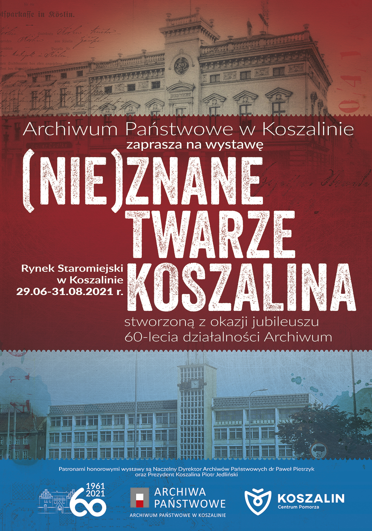 Plakat promujący wystawę ze zdjęciami budynków w Koszalinie