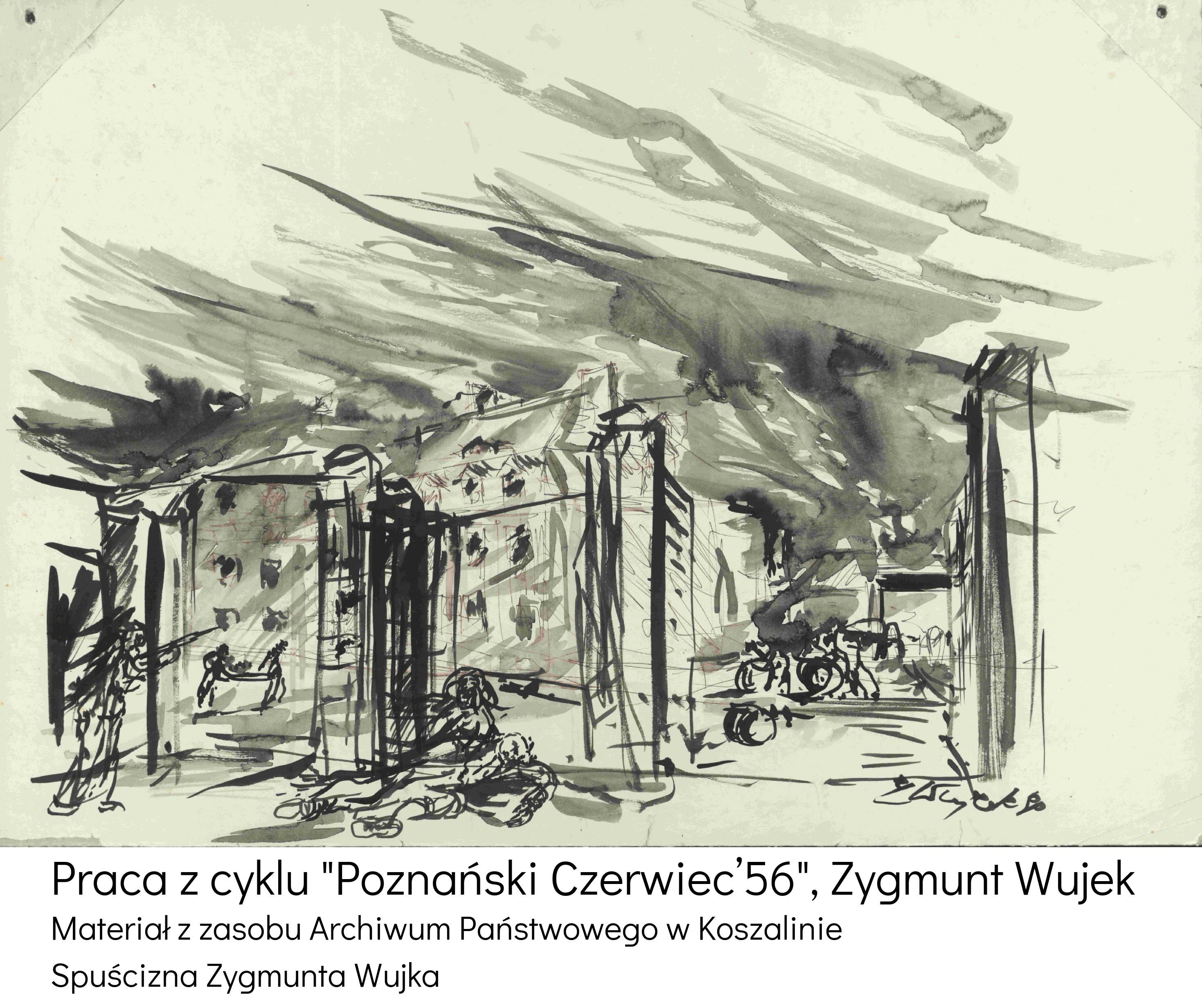 Rysunek Zygmunta Wujka inspirowany wydarzeniami Poznańskiego Czerwca 56'