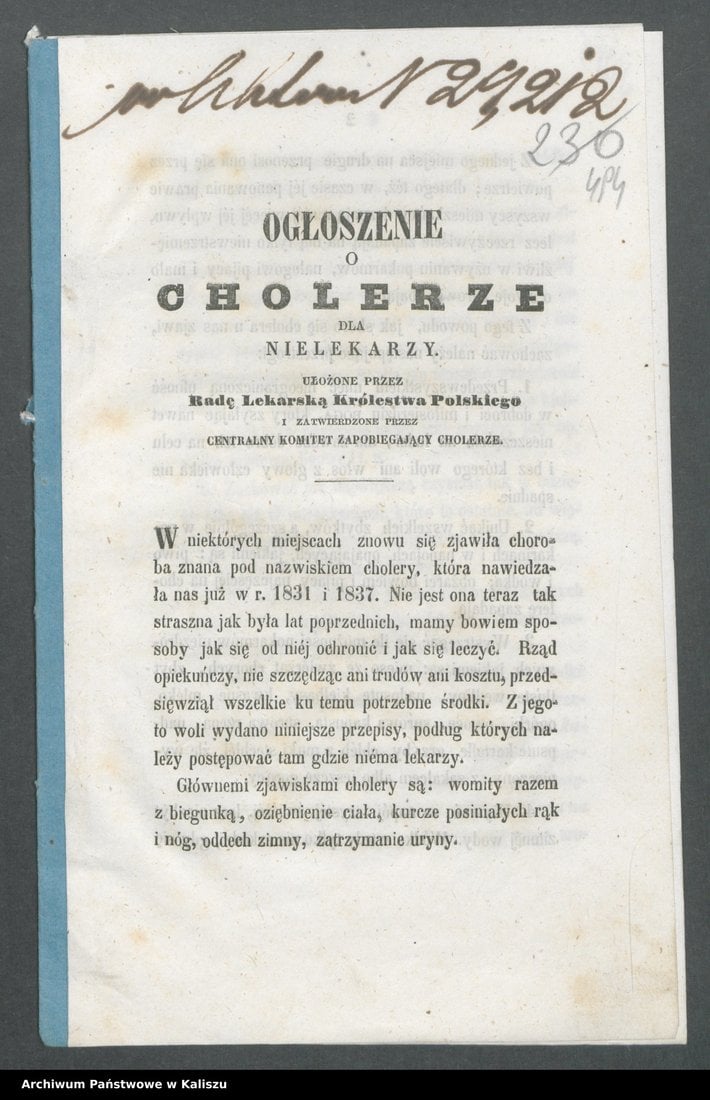 Ogłoszenie o cholerze dla nie-lekarzy ułożone przez Radę Lekarską Królestwa Polskiego w I połowie XIX w. 