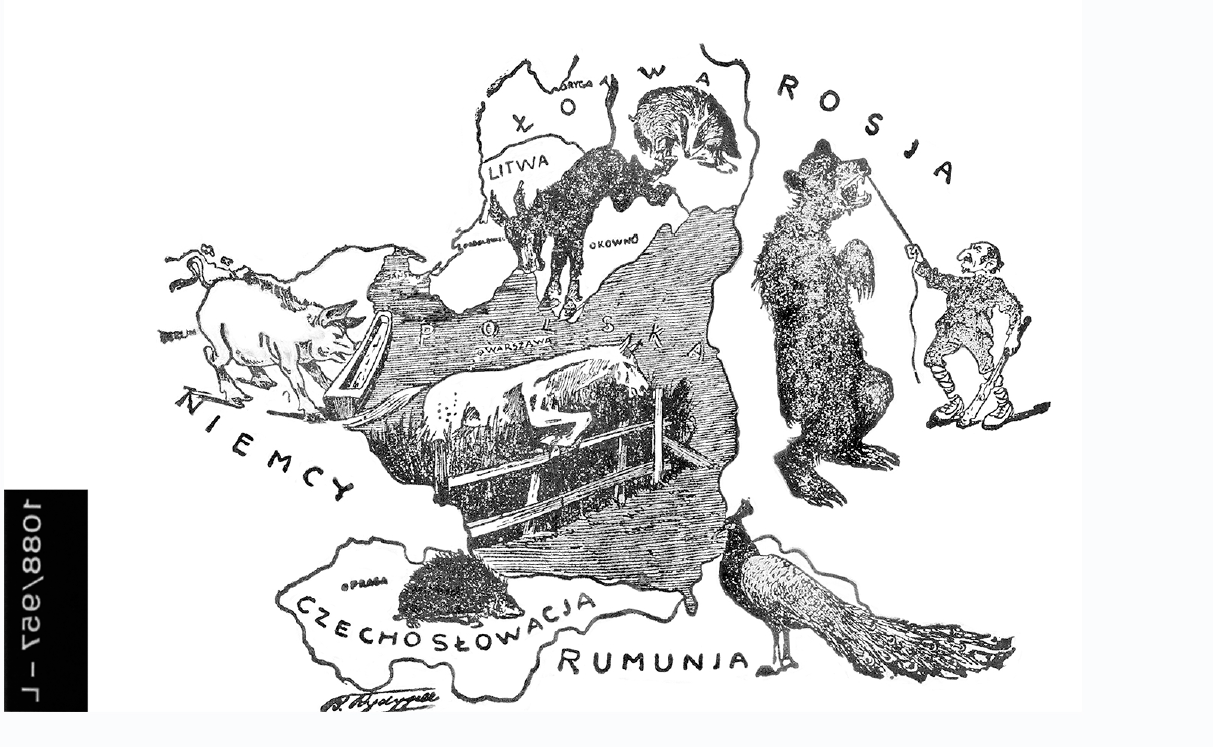 Rysunek satyryczny przedstawiający mapę Polski i jej sąsiadów symbolizowanych przez zwierzęta. Na terytorium Polski widoczny jest koń, Niemiec świnia, Litwy kozioł, Łotwy prawdopodobnie wilk, Rosji niedźwiedź, Rumuni paw, Czechosłowacji jeż. 