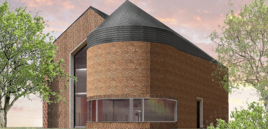 Projekt graficzny nowego budynku archiwum. Podłużny dwuczęściowy budynek z czerwonej cegły. Przeszklenie na ścianie budynku i dookoła rotundy.