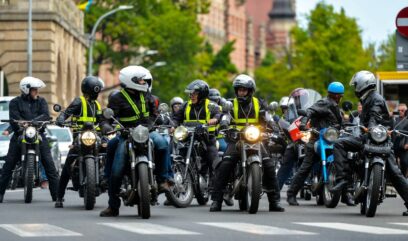 Grupa motocyklistów jedzie ulicą.