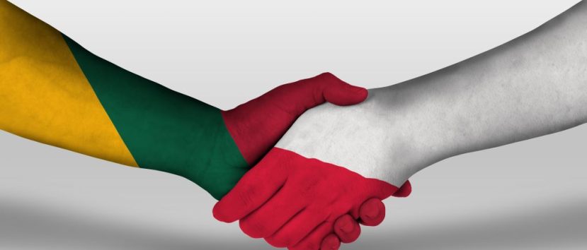 Uścisk dłoni między flagami Polski i Litwy namalowanymi na rękach.