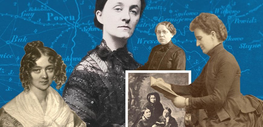 Banner z portretami 7 kobiet w dziewiętnastowiecznych sukniach.