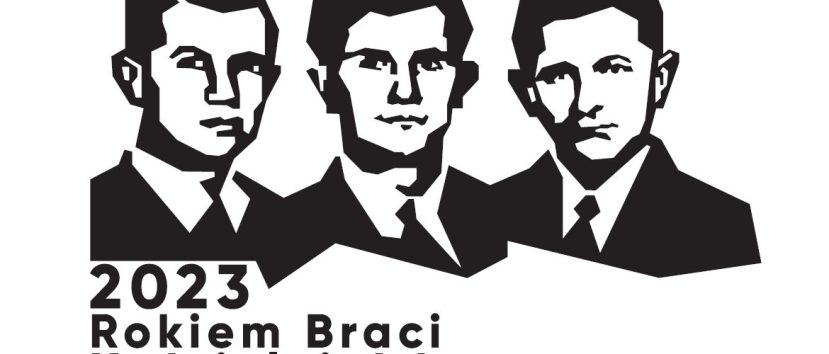 Szkic wizerunków 3 braci i podpis Rok 2023 Rokiem Braci Kościelniak w Kaliszu