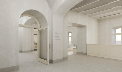 Visualisation of the entrance hall. Interior colour palette in light beige tones.