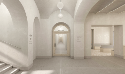 Visualisation of the entrance hall. Interior colour palette in light beige tones.