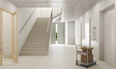 Visualisation of the staircase, a lift on the right. Interior colour palette in light beige tones.