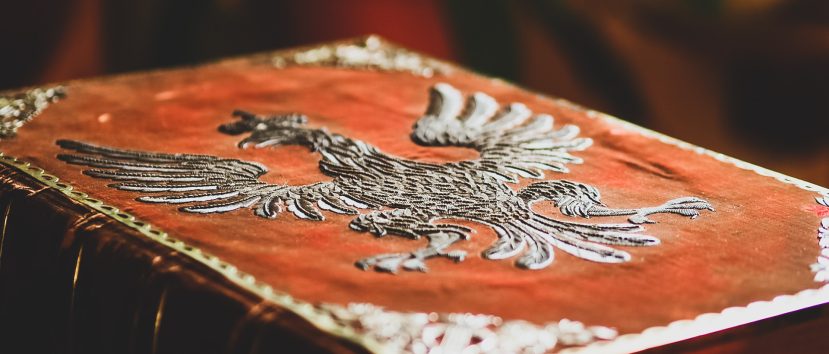 Pudło w ozdobnej oprawie. Oprawa przedstawia herb Królestwa Polskiego wyszyty srebrną nicią na czerwonym aksamicie.