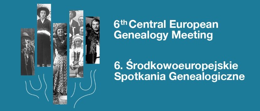 Grafika z tytułem wydarzenia „6. Środkowoeuropejskie Spotkania Genealogiczne” i drzewem genealogicznym złożonym ze starych zdjęć.