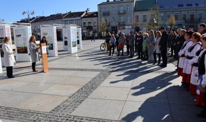 Dyrektor Wiercińska stoi za mównicą. Za nią stoi wystawa.