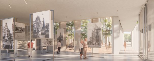 Graphic design of the exhibition hall on the ground floor of the building. Inside the hall there are boards with an exhibition and silhouettes of passers-by.