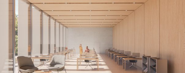 Graphic design of a bright, spacious reading room. On the left, a glass wall that lets in a lot of light. In the middle, three rows of tables with chairs. In the row on the right, computer stands.