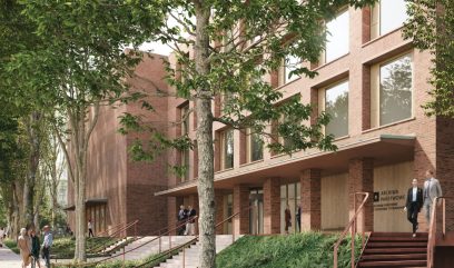 The modern brick building, with large windows and wide staircases, is surrounded by trees and greenery. People stroll, chat, and sit along the shady entrance, creating a lively yet peaceful urban scene. The sign reads Regional Music House.
