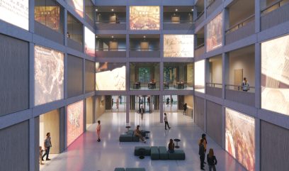 A modern atrium with glass walls, open corridors on the upper levels, and large, illuminated historical paintings projected onto internal windows. People sit and stand in a spacious lobby, furnished with modular seating and small tables, and flooded with natural light.
