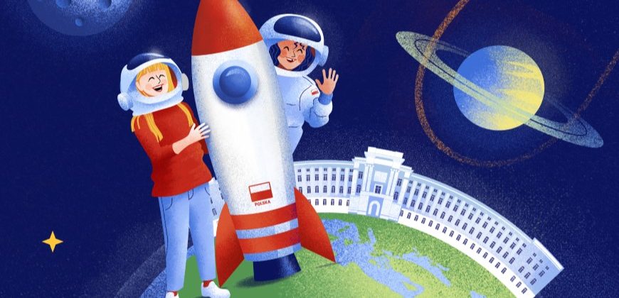 Grafika wydarzenia z rakietą, młodą kosmonautka i młodym kosmonautą.