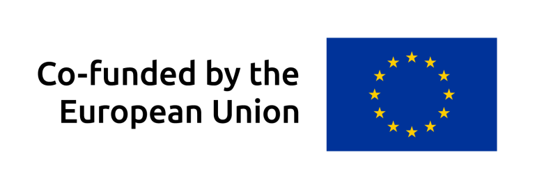 Czarny napis "Współfinansowane przez Unię Europejską" obok flagi UE, niebieskiego prostokąta z okręgiem z dwunastu złotych gwiazd. Tło jest jasnoszare.