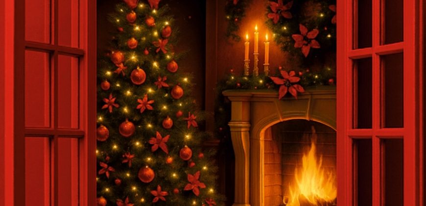 W ciepło oświetlonym pokoju widocznym przez czerwone francuskie drzwi znajduje się udekorowana choinka z czerwonymi ozdobami i światełkami oraz kamienny kominek z jasnym ogniem. Świece i świąteczne wieńce z czerwonymi kokardami zdobią kominek i ściany.