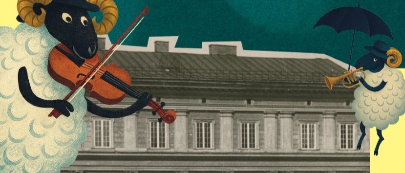 Dwie kreskówkowe owce z żółtymi rogami i czarnymi twarzami grają na instrumentach przed szarym budynkiem. Jedna owca gra na skrzypcach, podczas gdy druga trzyma trąbkę i parasol, obie noszą kapelusze. Tło przedstawia zielone niebo i wycięty kolaż.