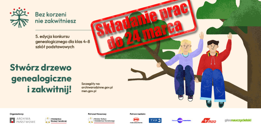 Polski plakat konkursowy przedstawia dwoje uśmiechniętych dzieci na gałęzi drzewa. Duży czerwony tekst głosi 