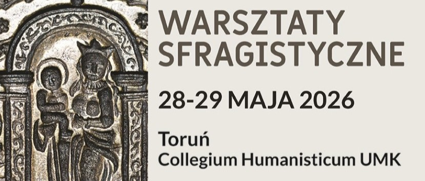 Średniowieczna pieczęć w skali szarości przedstawia Maryję trzymającą Dzieciątko Jezus pod łukiem. Po prawej stronie na beżowym tle widnieje napis 