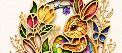 Tętniąca życiem ilustracja królika wśród kolorowych kwiatów i liści, obrysowana złotym konturem, przywołuje na myśl Życzenia Wielkanocne. Niebieski motyl fruwa w pobliżu w tym inspirowanym witrażem projekcie z żywymi kolorami na jasnym tle.