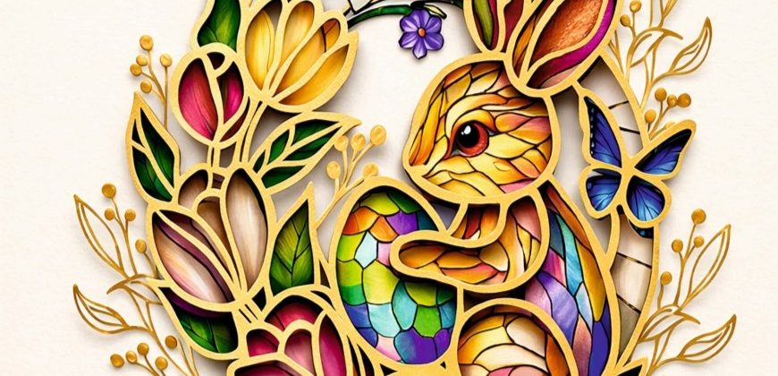 Kolorowa, witrażowa ilustracja królika otoczonego kwiatami i motylami, idealna na Życzenia Wielkanocne. Projekt ma żywe odcienie żółtego, zielonego, fioletowego i niebieskiego ze złotymi liniami na jasnym tle.