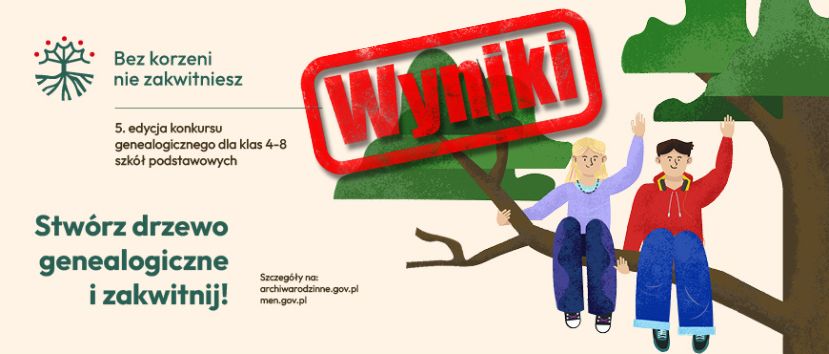 Grafika przedstawia dwoje dzieci siedzących na dużej gałęzi drzewa i machających do siebie. Po lewej stronie widnieje zielony napis 