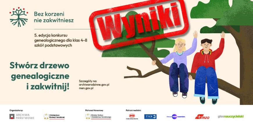 Na gałęzi drzewa siedzi dwoje rysunkowych dzieci, jedno o blond, a drugie o brązowych włosach. Pojawia się czerwony znaczek 