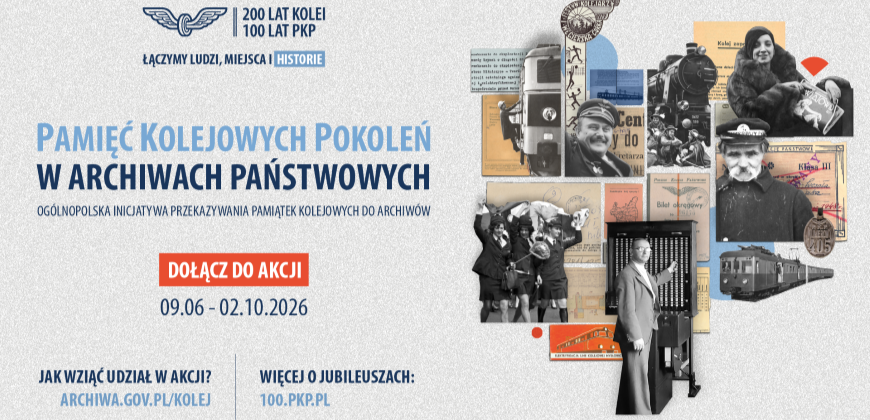 Baner z lewej dużym napisem „Pamięć Kolejowych Pokoleń w Archiwach Państwowych”, logo „200 lat kolei 100 lat PKP” i hasłem „ŁĄCZYMY LUDZI, MIEJSCA I HISTORIE”, czerwonym przyciskiem „DOŁĄCZ DO AKCJI” z datami 09.06–02.10.2026 oraz adresami archiwa.gov.pl/kolej i 100.pkp.pl, a po prawej kolaż archiwalnych czarno-białych i kolorowych fotografii, dokumentów, biletów, medali, zdjęć pociągów i kilku osób w strojach kolejowych.