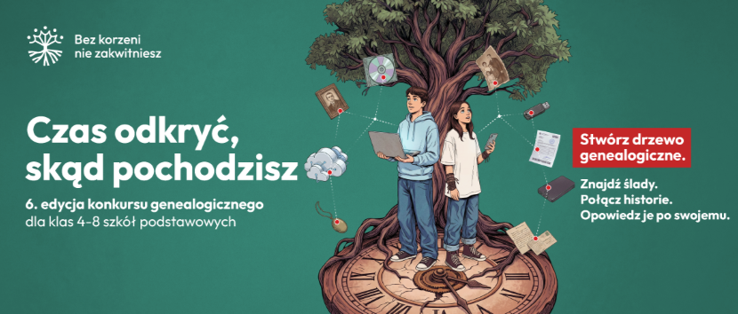 Plakat na zielonym tle z białym logo i dużym napisem 