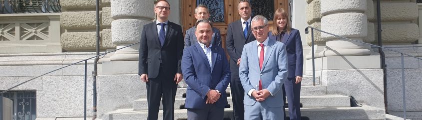 Sześć osób w formalnych strojach (marynarki, krawaty) stoi na szerokich kamiennych schodach przed ozdobnymi drewnianymi drzwiami z kutymi metalowymi kratami, po bokach widoczne masywne zaokrąglone rustykalne kolumny i zdobione okna fasady.