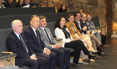 Grupa osób w formalnych strojach siedzących w pierwszym rzędzie szarych foteli audytorium, za nimi widoczne kolejne rzędy z kilkoma uczestnikami oraz skalista, oświetlona ściana w tle, przy nogach leżą torby i dokumenty.